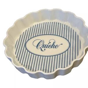 Dept 56 Quiche Baking Dish White Blue Stripes Oven To Table Japan Ruffled Edges